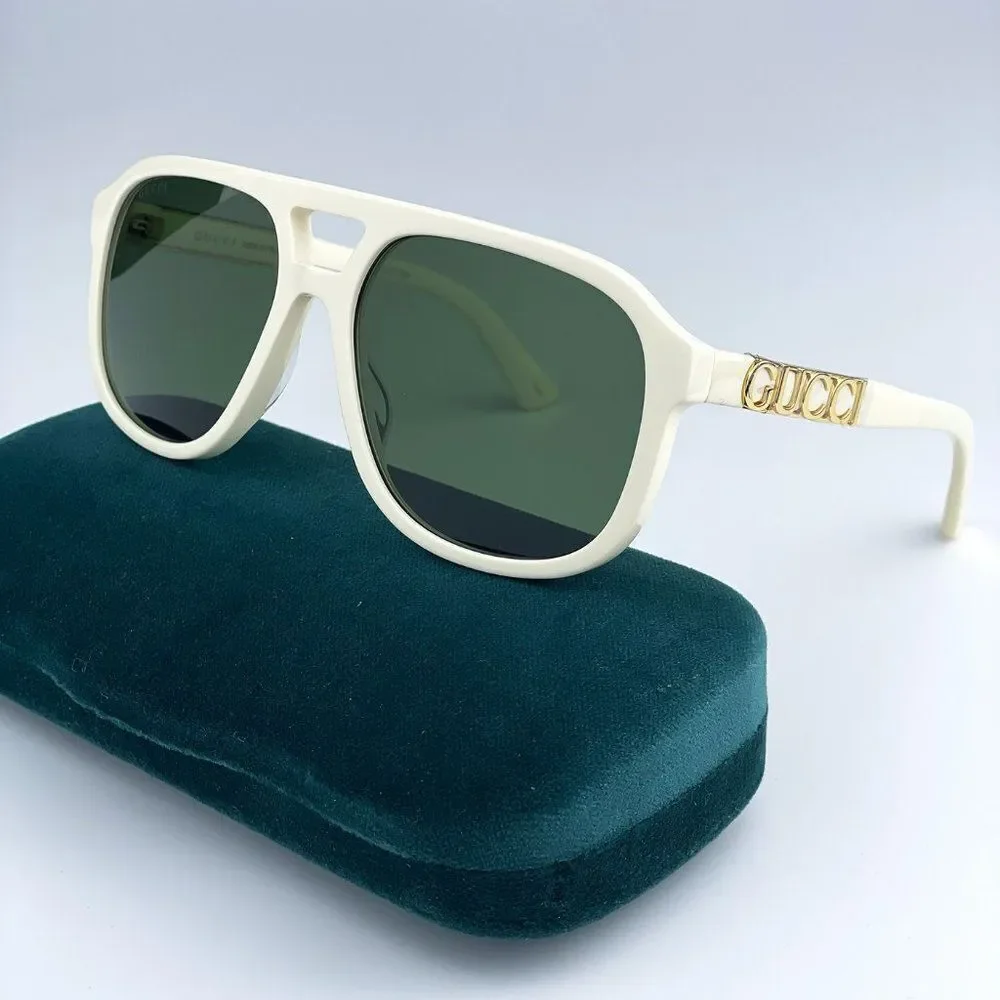 NEW Gucci GG1188S 005 Ivory White Green Pilot Unisex Logo Sunglasses